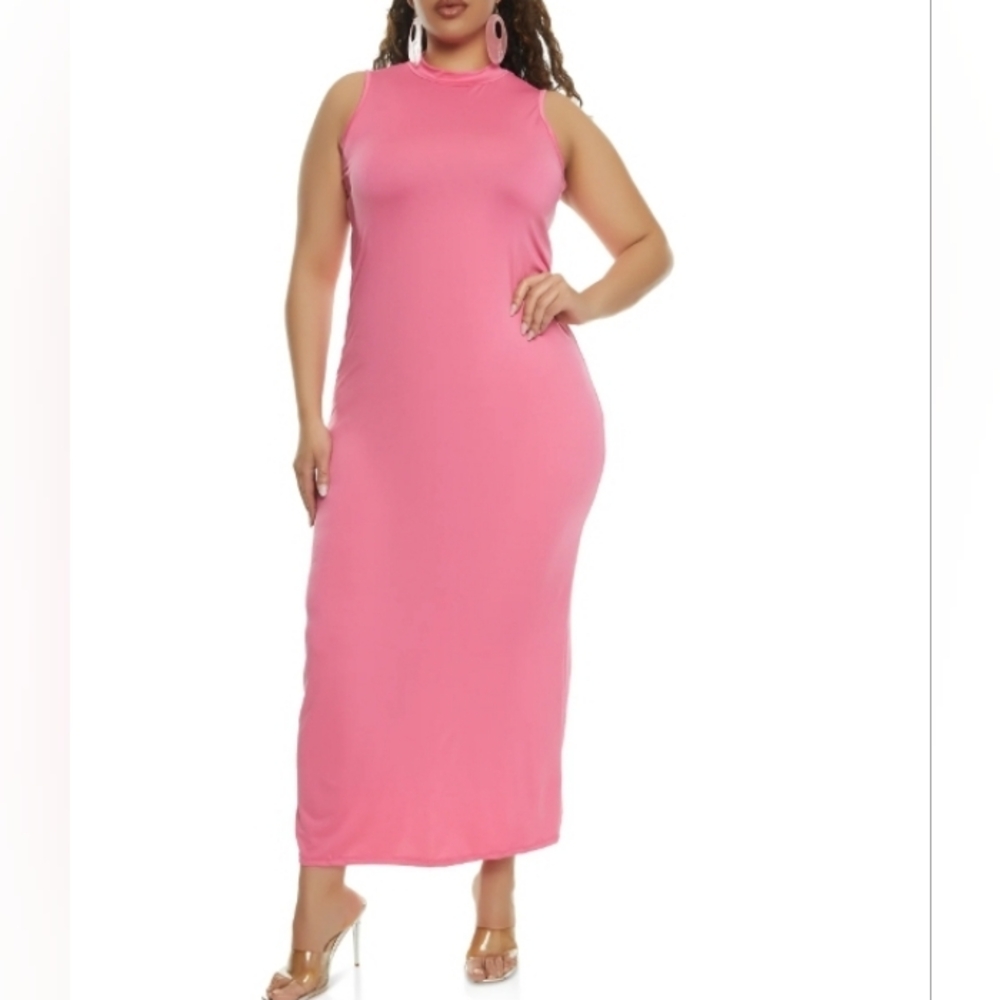 NWT Pink Sleeveless Mock Neck Maxi Dress | Plus Size 2X | Stretch Bodycon